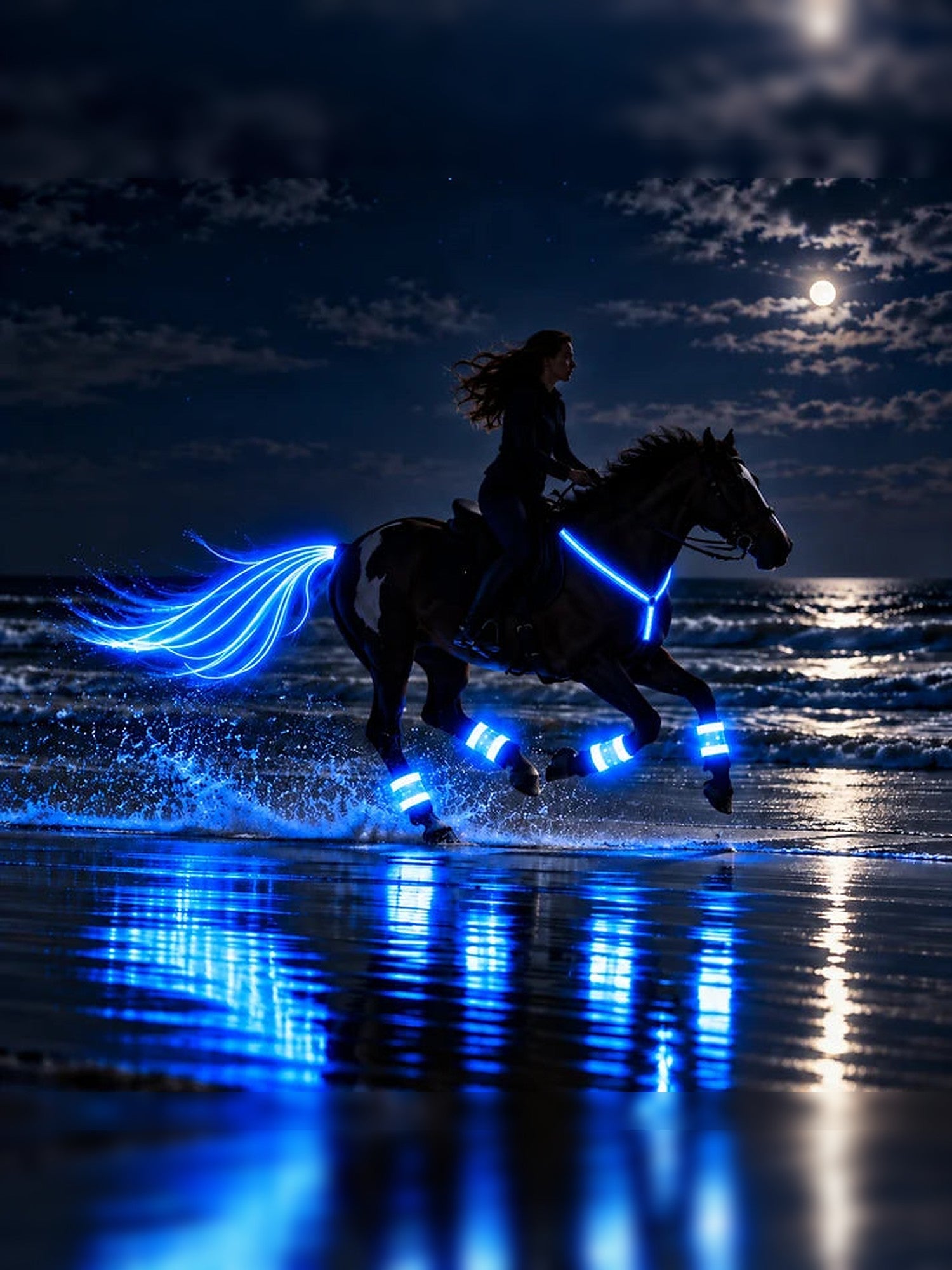 Pferd mit leuchtendem Lumare Set bei Nacht am Strand