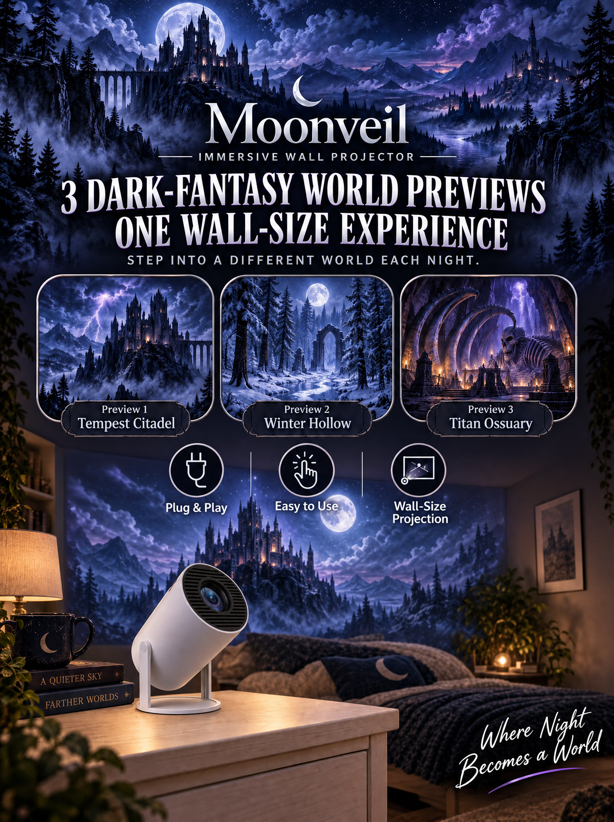Moonveil wall projector — three dark-fantasy world previews