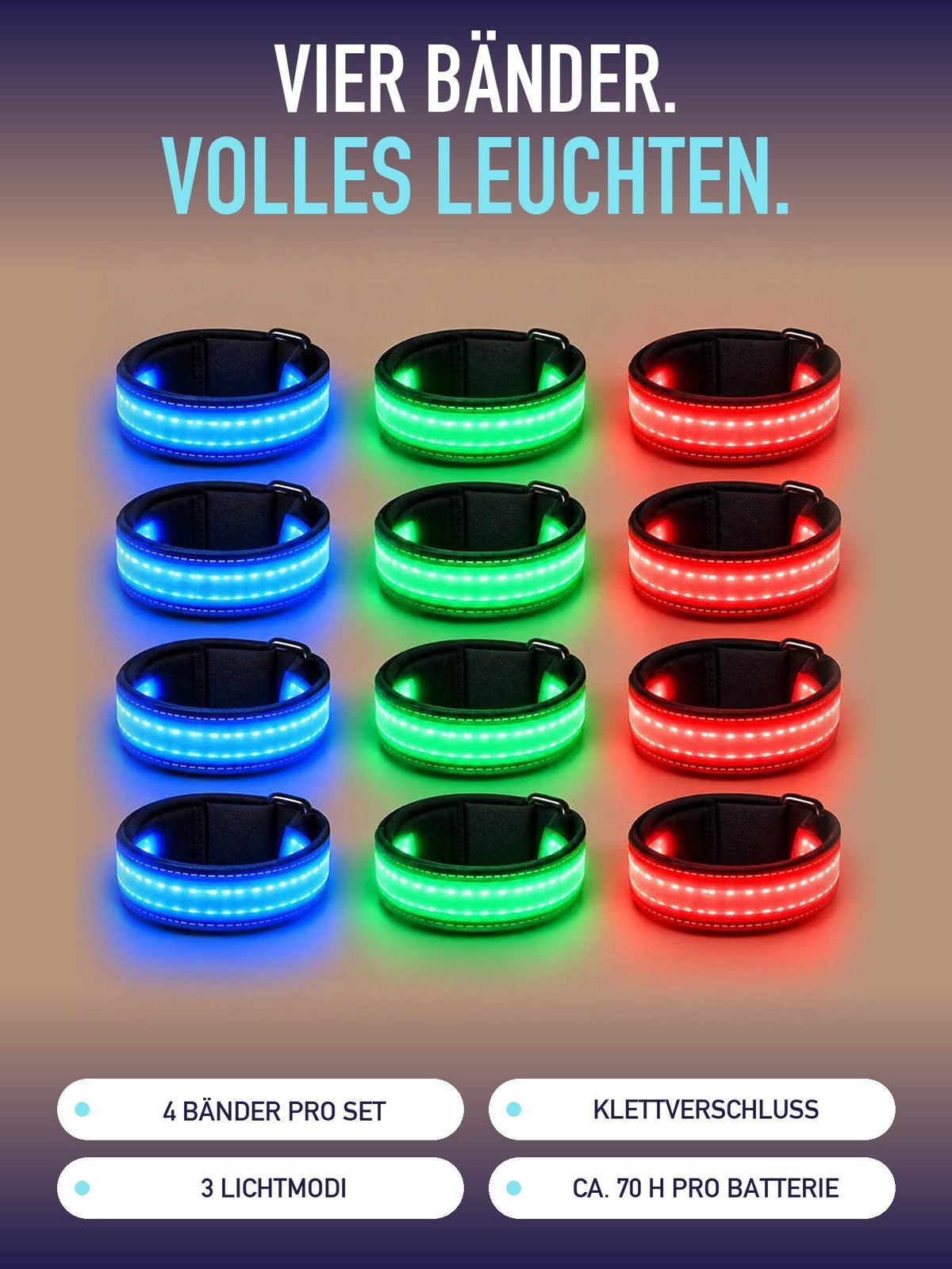 Vier Bänder, volles Leuchten: Lumare Glow-Beinbänder in Blau, Grün und Rot