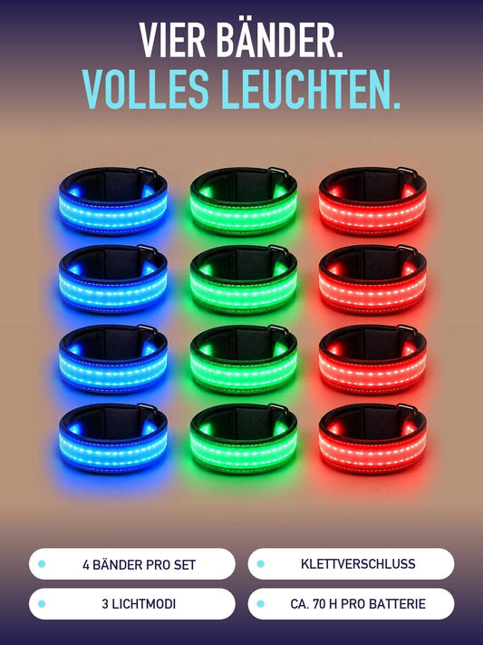 Vier Bänder, volles Leuchten: Lumare Glow-Beinbänder in Blau, Grün und Rot