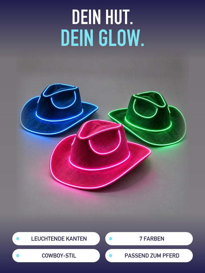 Dein Hut, dein Glow: Lumare Glow-Cowboyhüte in Blau, Pink und Grün