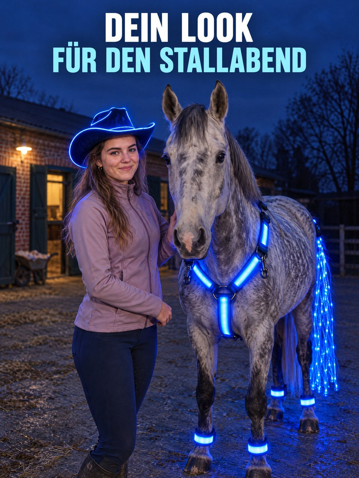 Dein Look für den Stallabend: Reiterin mit blau leuchtendem Cowboyhut neben ihrem Schimmel