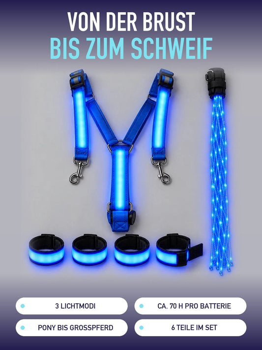 Von der Brust bis zum Schweif: Lumare Komplettset in Blau mit Brustgurt, Leuchtschweif und vier Beinbändern