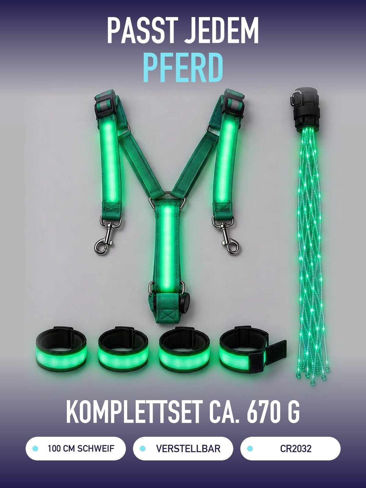 Passt jedem Pferd: Komplettset ca. 670 g, 100 cm Schweif, verstellbar, CR2032