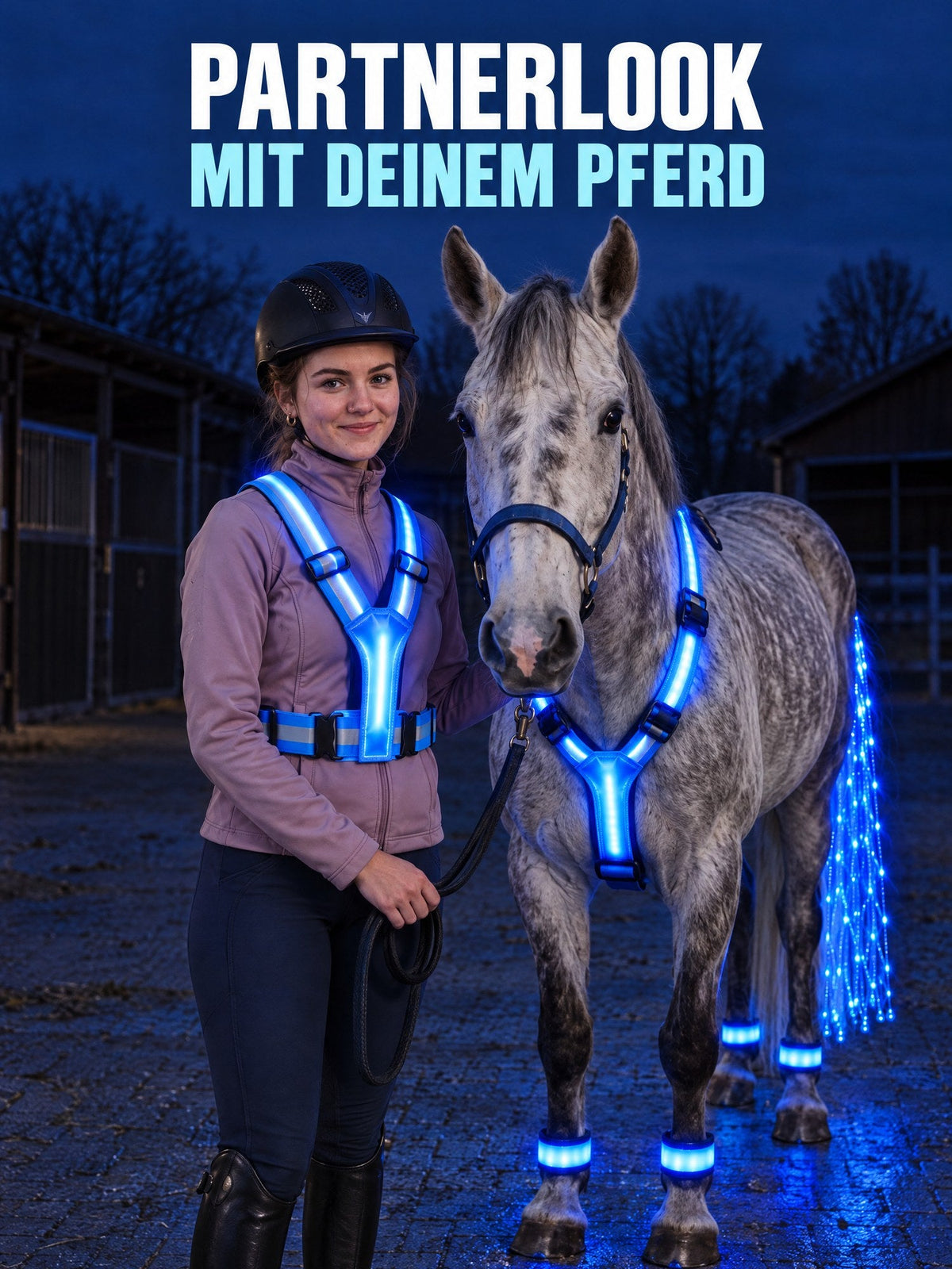 Partnerlook mit deinem Pferd: Reiterin mit blau leuchtender Weste neben ihrem Schimmel mit Lumare Set