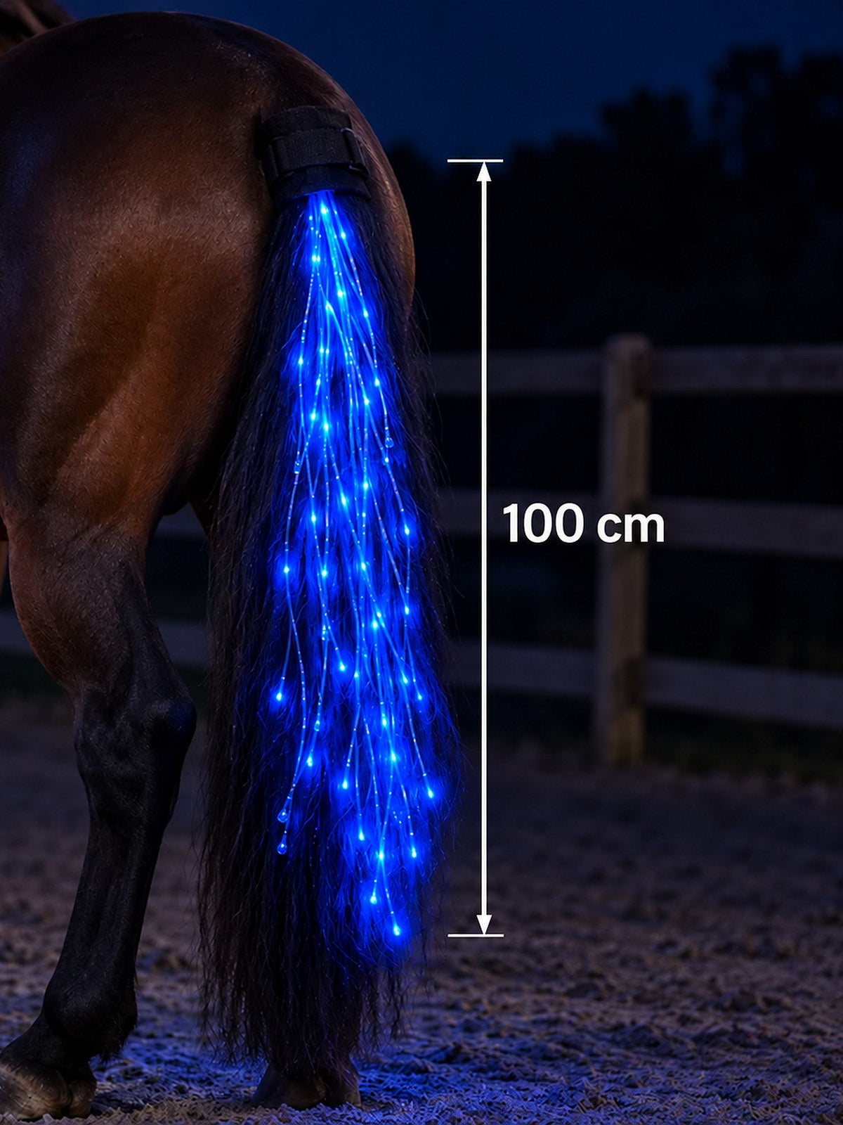 Blau leuchtender Lumare Glow-Schweif mit 100 cm Lichtsträngen am Pferd